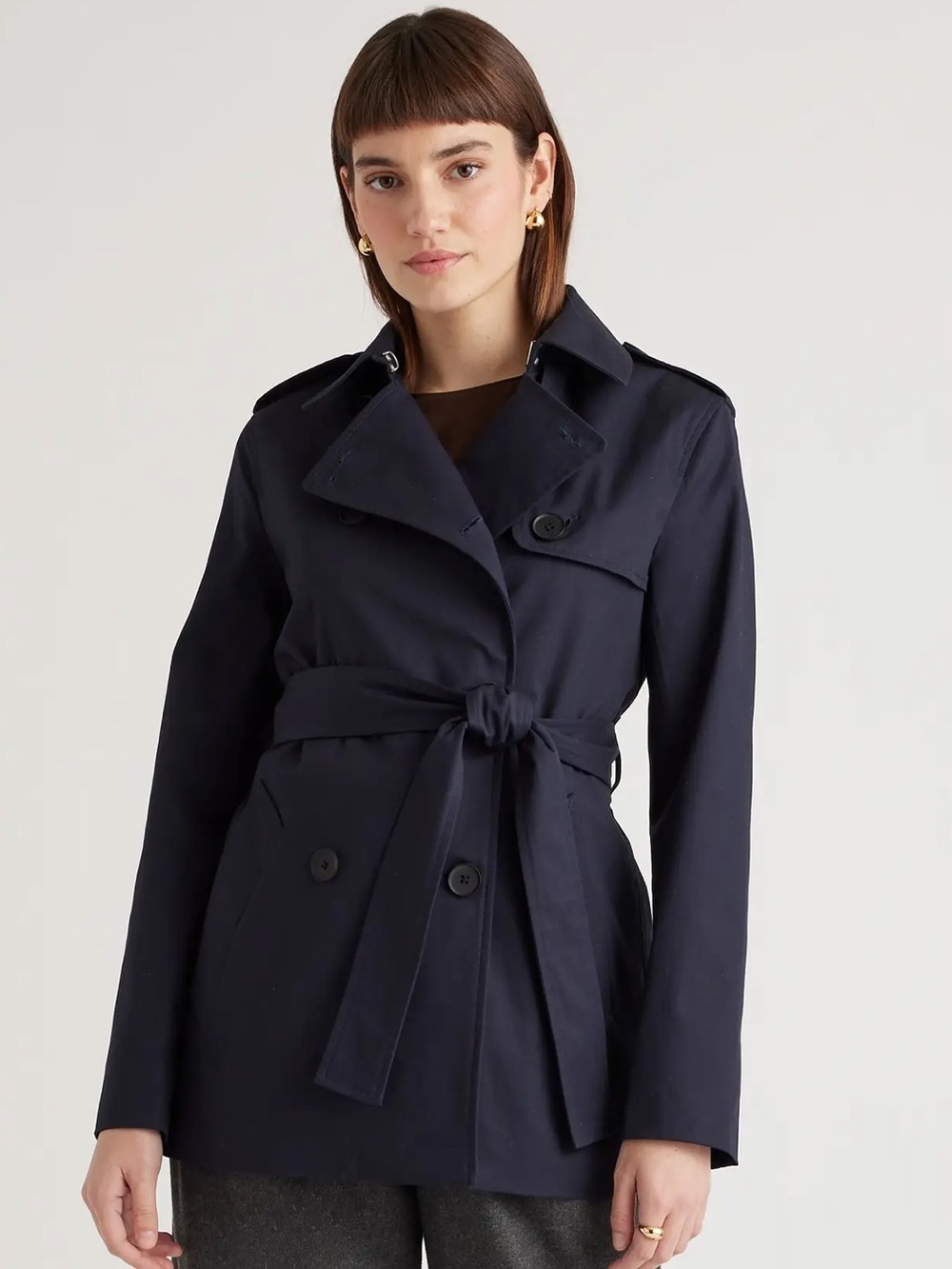 NWT QUINCE Classic Comfort Stretch Short Trench Coat Navy XS 9568 - Picture 1 of 11